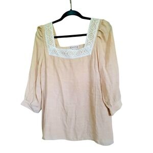 Nanette Lepore M Warm Sand 3/4 Sleeve Lace Trim Top Shirt Blouse $58 NWT‎